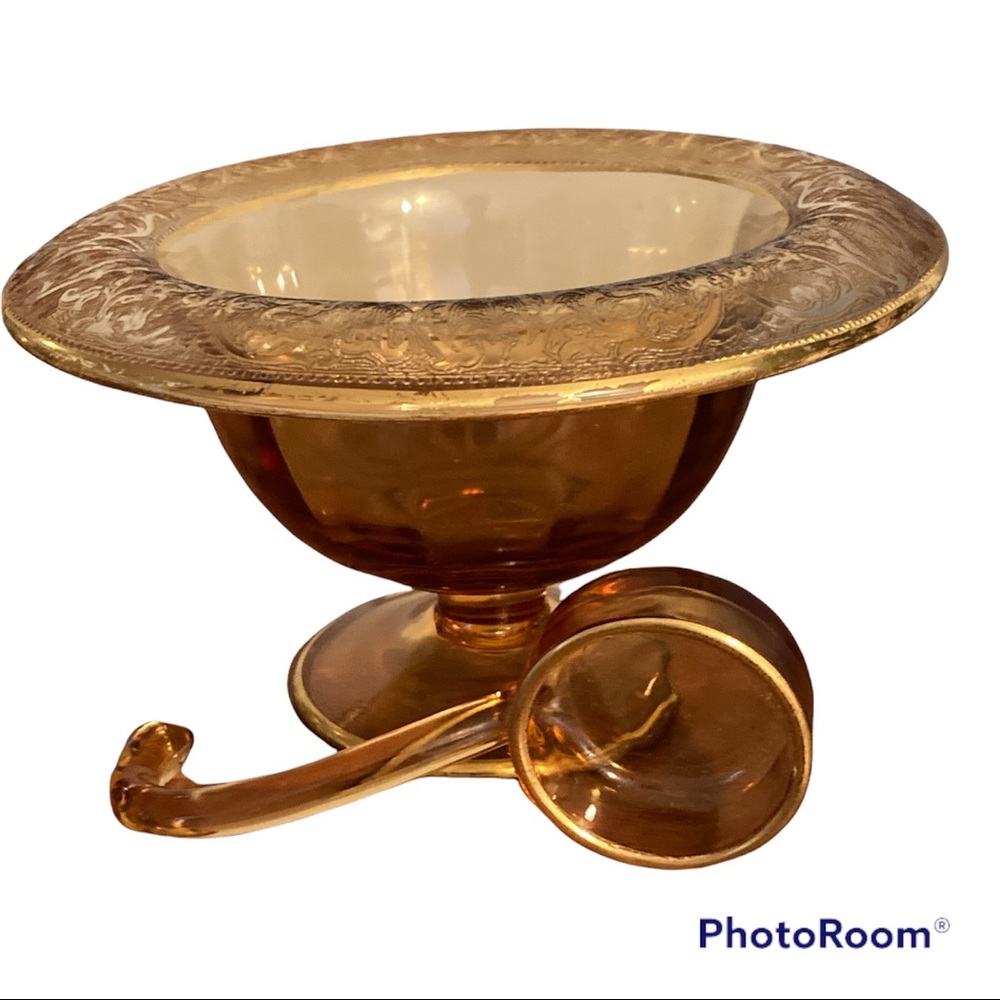 Amber Depression Glass Etched Rim  Mayonnaise Bowl with Ladle